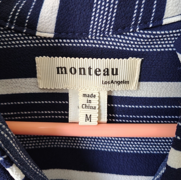 *NWOT* Monteau LA Women's Medium Blue & Black Striped Midi Dress Tie Waist - Picture 5 of 16